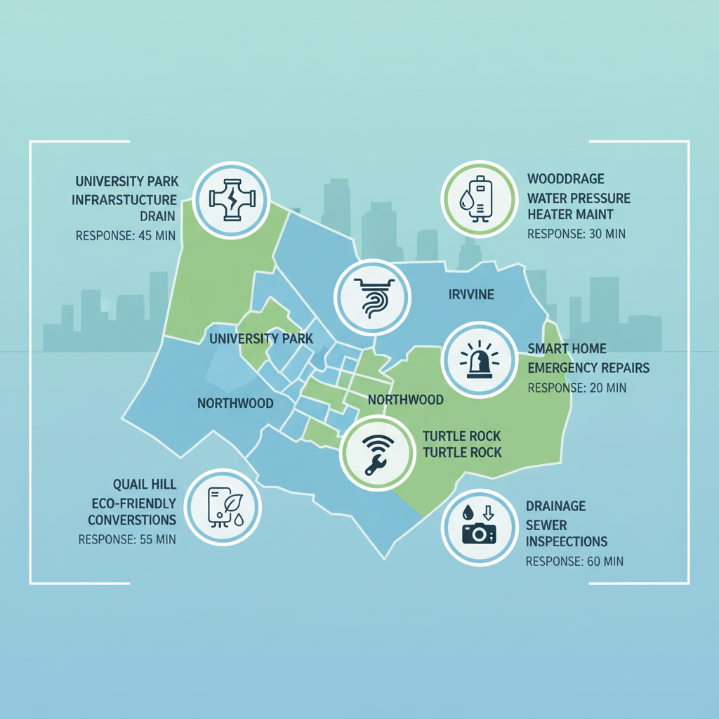 Infographic illustrating plumbing challenges, services, and response times across Irvine neighborhoods