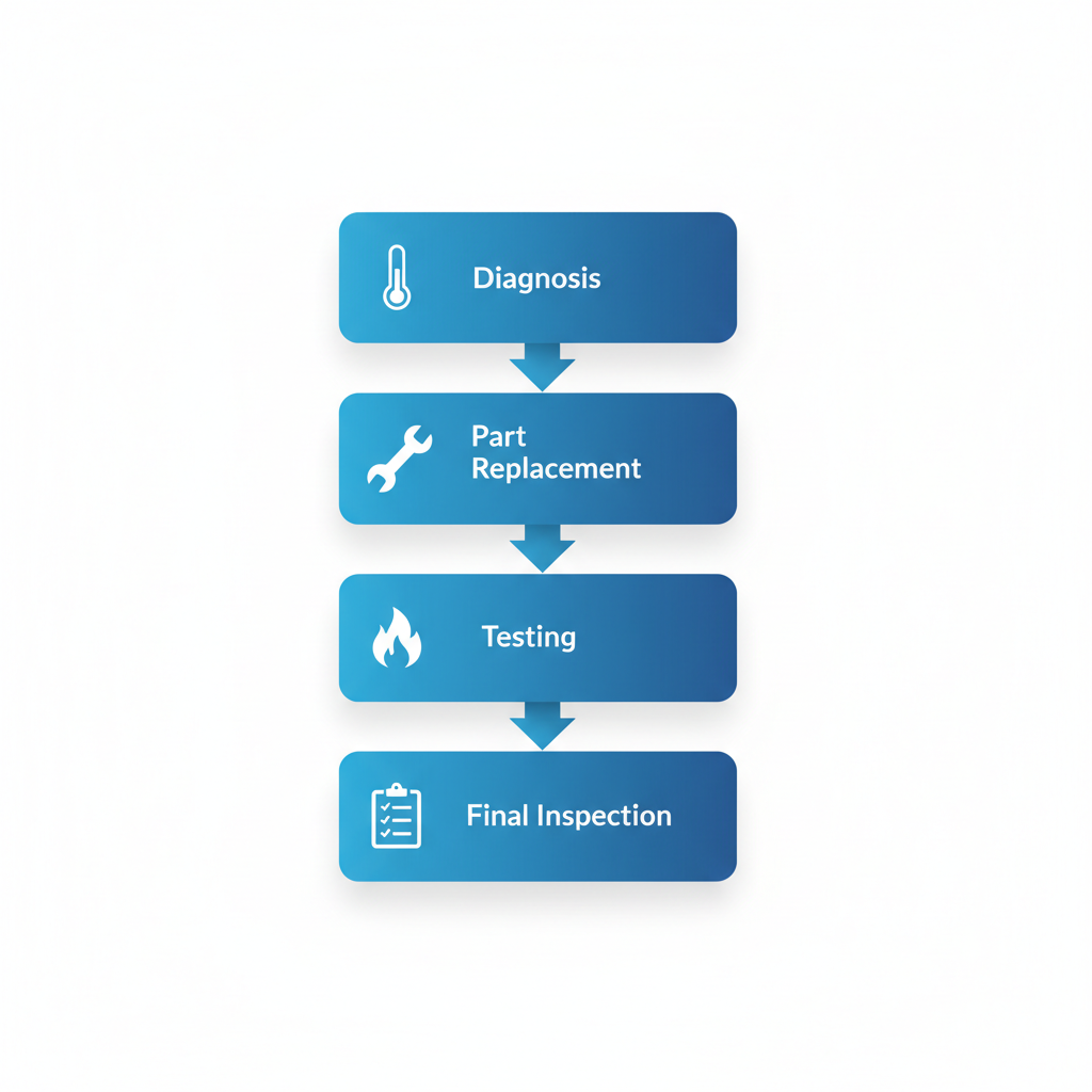 Vertical process flow diagram depicting the four stages of water heater repair: Diagnosis, Part replacement, Testing, and Final inspection