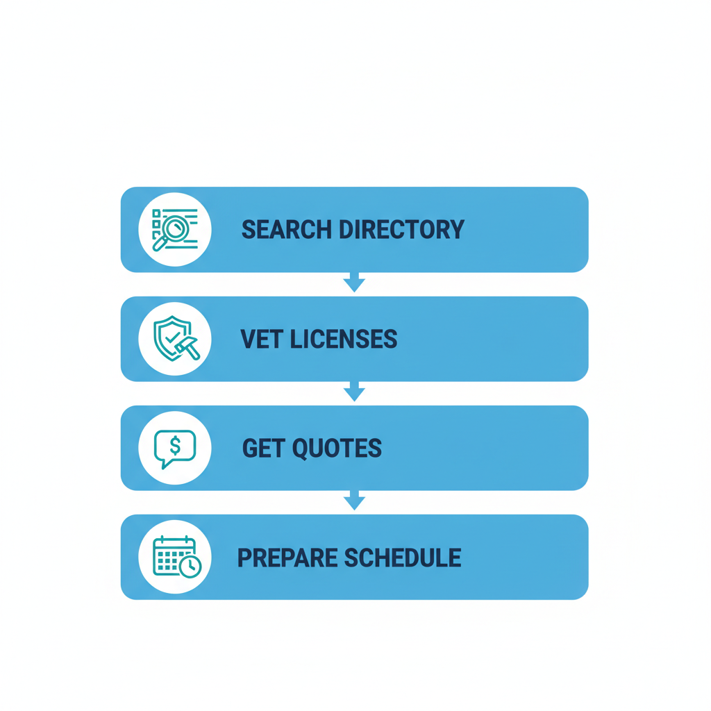 Vertical process flow diagram illustrating four steps to hire plumbers in Las Vegas: search directory, vet licenses and reviews, get quotes, and prepare site and schedule.