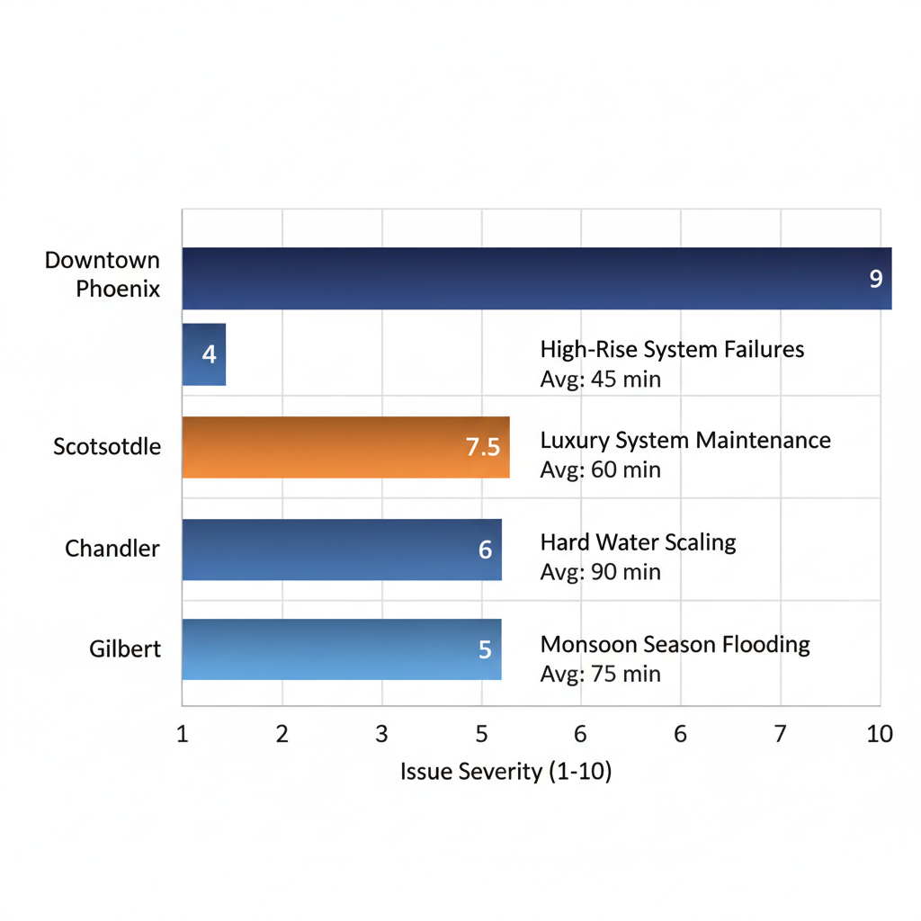 Horizontal bar chart comparing plumbing challenge severity in Phoenix neighborhoods including Downtown, Scottsdale, Chandler, and Gilbert, with labels for key issues and response times.