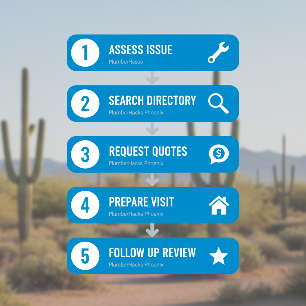 Vertical process flow diagram showing five steps to hire a plumber in Phoenix