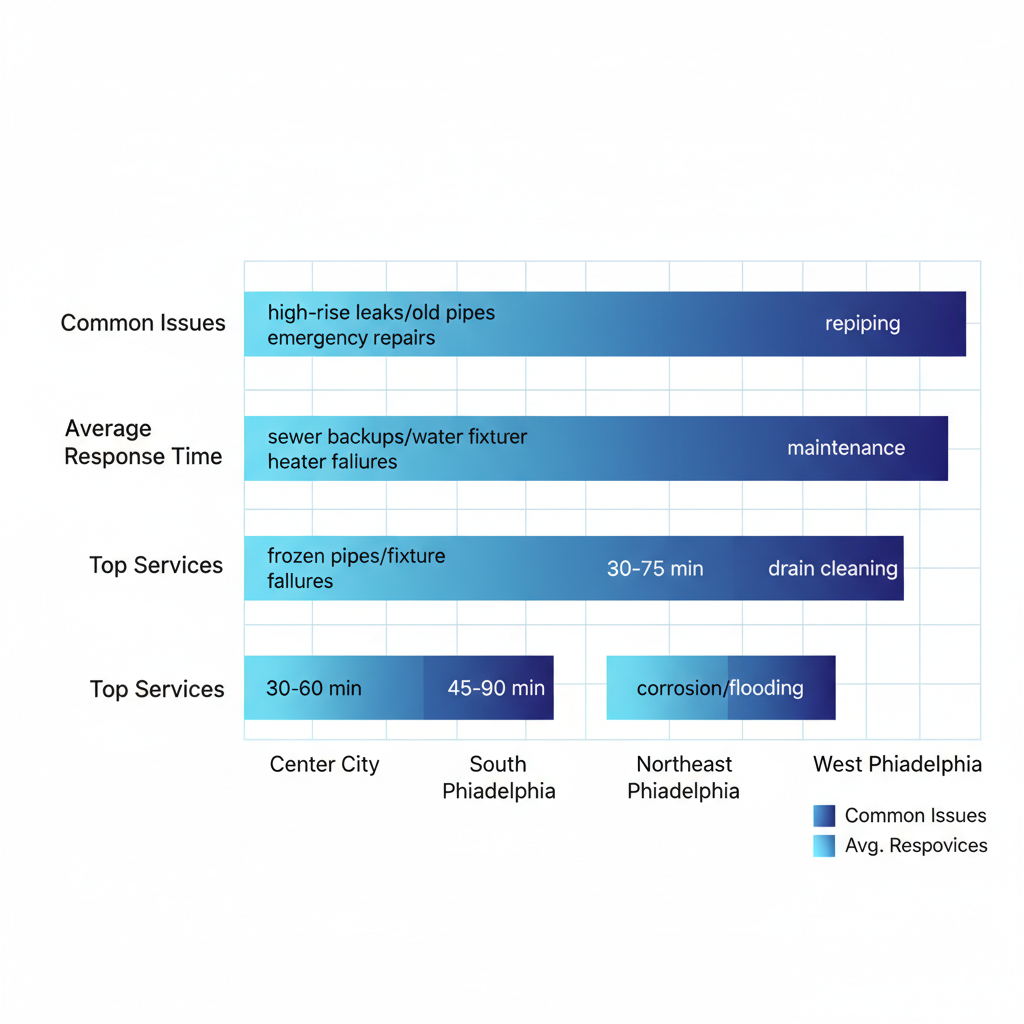 Horizontal bar chart comparing common plumbing issues, response times, and top services across Philadelphia neighborhoods