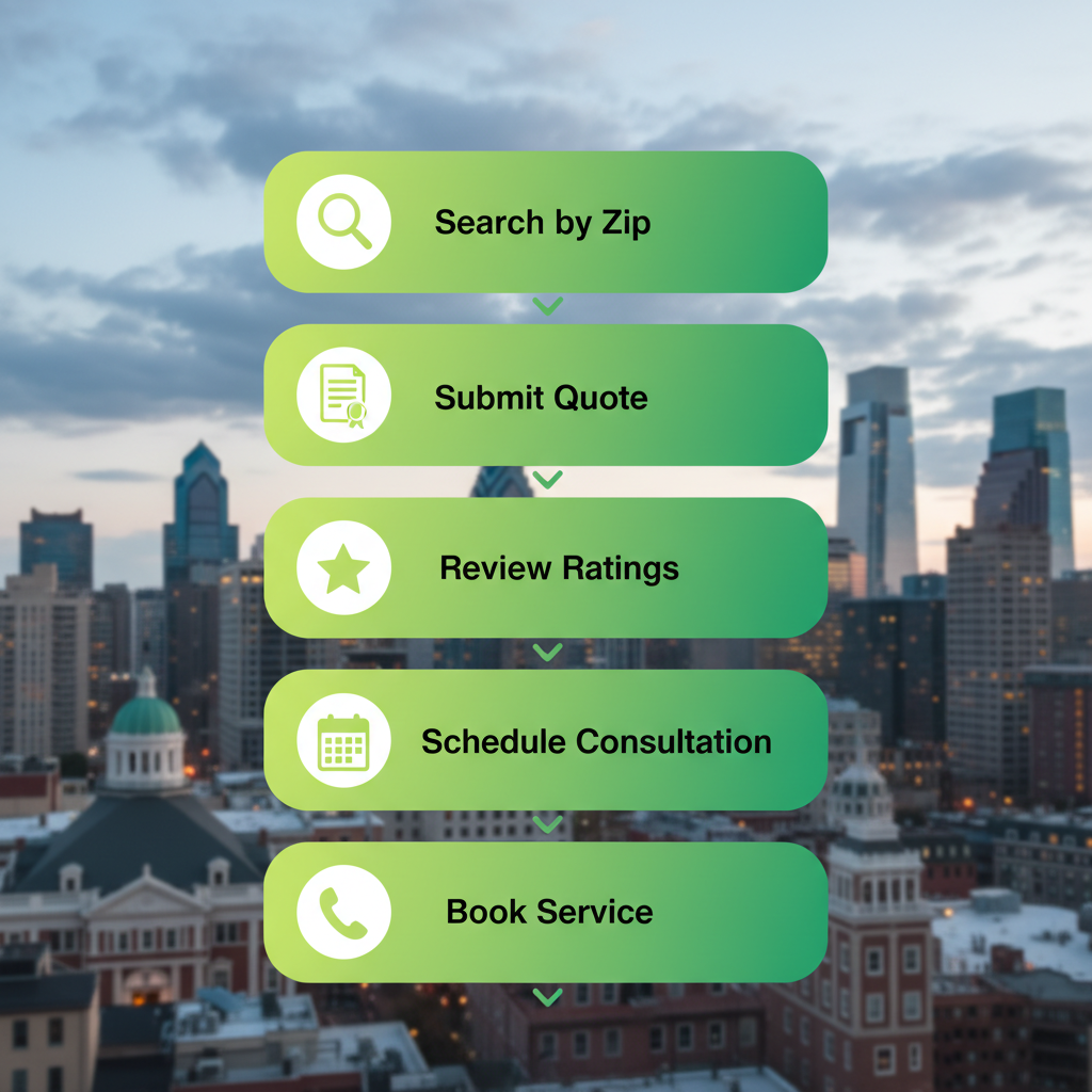 Vertical process flow for hiring Philadelphia plumbers: search directory, submit request, review ratings, schedule consultation, book service