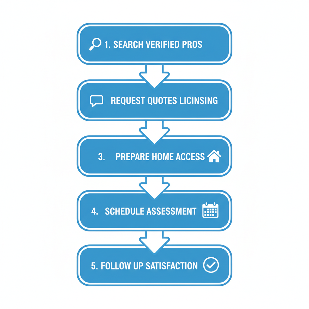 Vertical process flow diagram outlining the five steps to find and hire a plumber in Buffalo: search directories, request quotes, prepare home, schedule assessment, and follow up.
