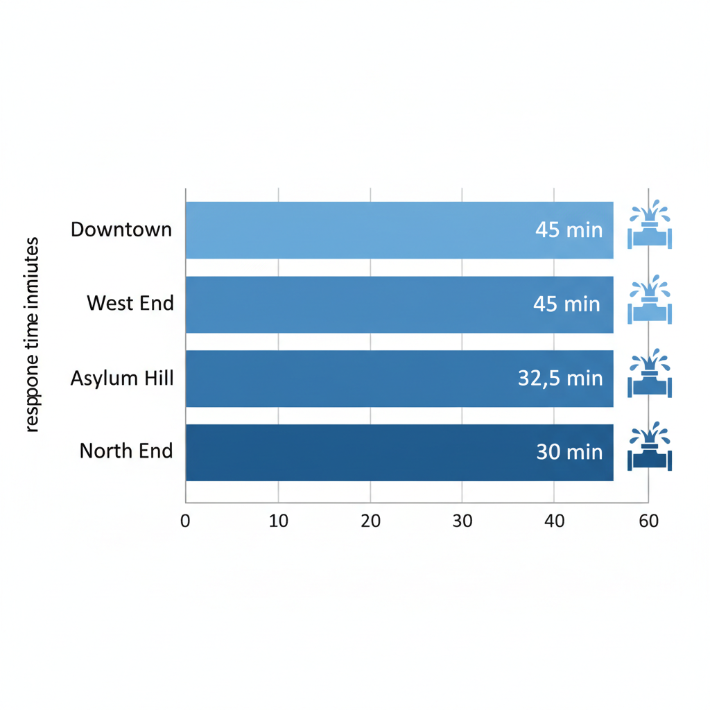 Horizontal bar chart comparing average plumbing response times in Hartford neighborhoods: Downtown 45 minutes, West End 45 minutes, Asylum Hill 32.5 minutes, North End 30 minutes.