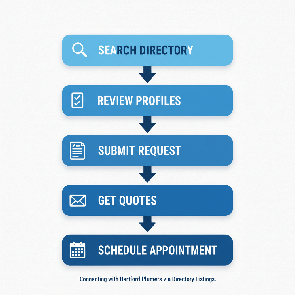 Vertical process flow diagram illustrating five steps to connect with Hartford plumbers