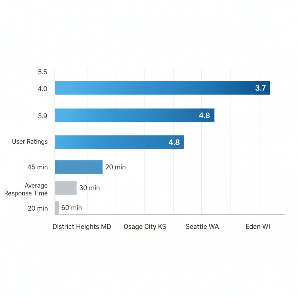 Horizontal bar chart comparing plumbing service ratings and response times in five US locations