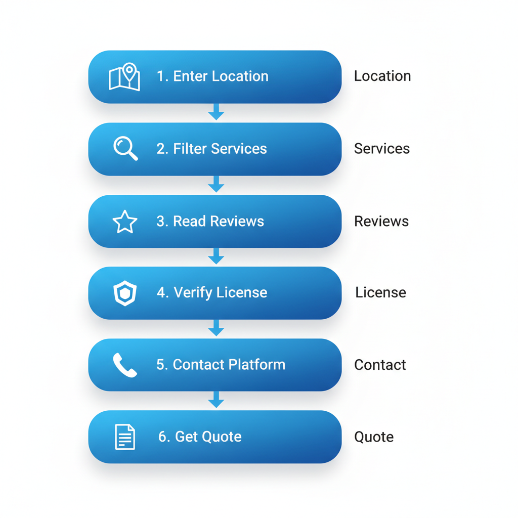Vertical process flow diagram showing six steps to connect with local plumbers, including entering location, filtering services, reading reviews, verifying licenses, contacting via platform, and getting quotes.