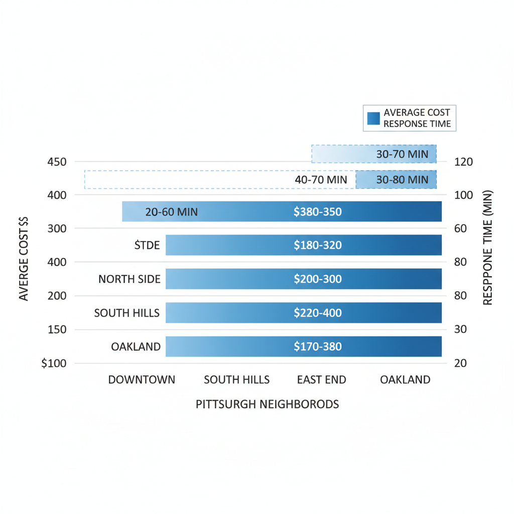 Horizontal bar chart comparing average plumbing costs and response times across Pittsburgh neighborhoods including Downtown, North Side, South Hills, East End, and Oakland.