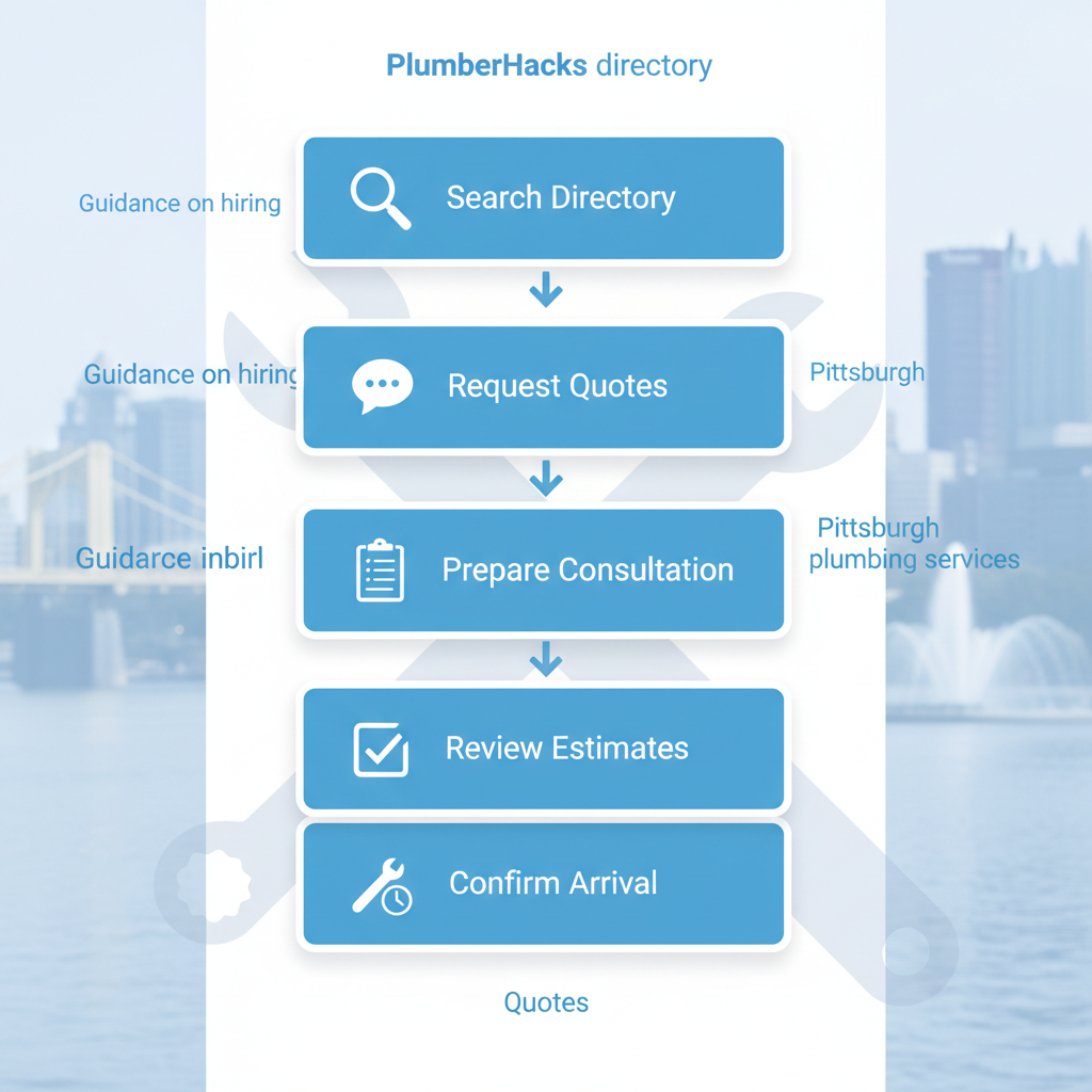 Vertical process flow diagram outlining steps to connect with top plumbers in Pittsburgh
