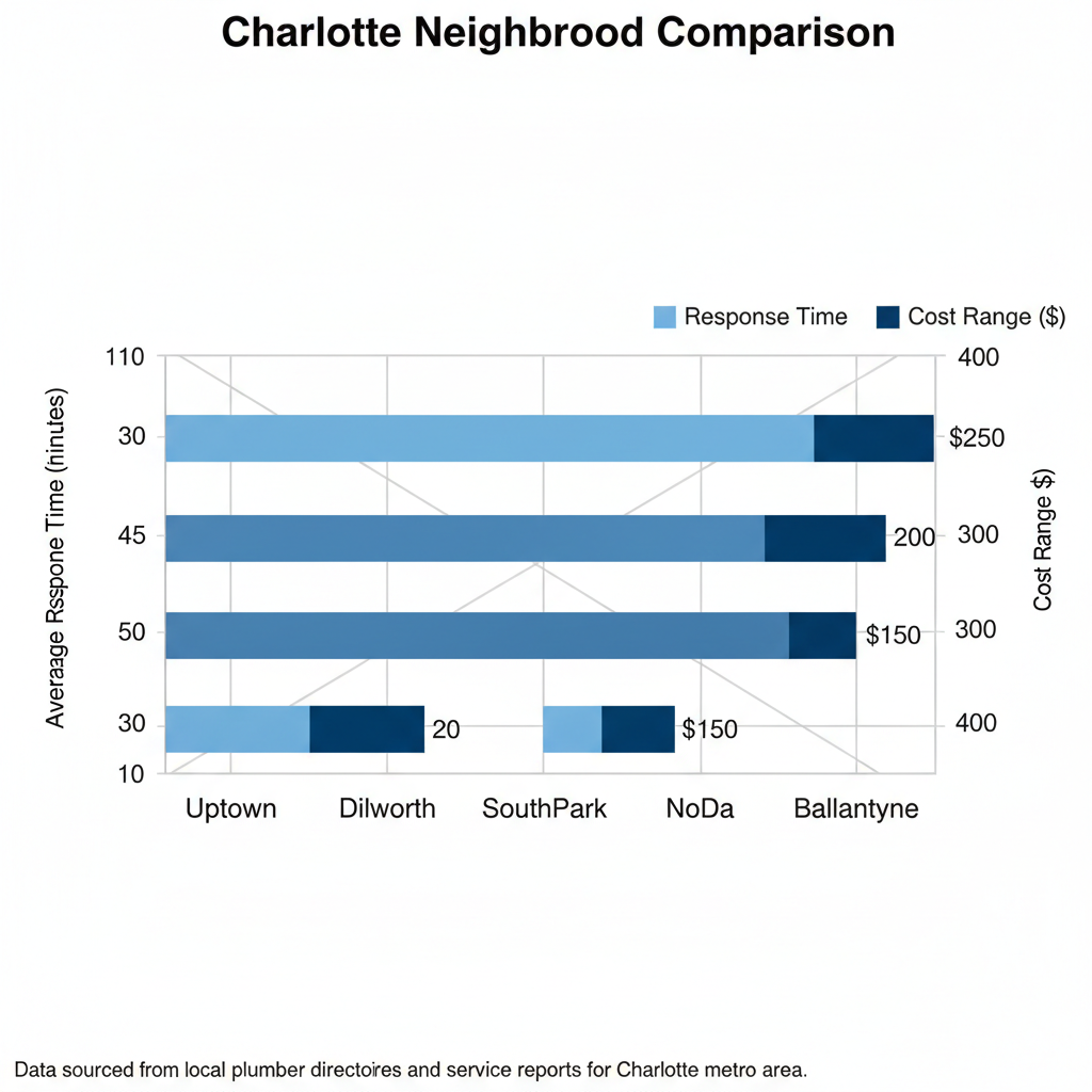 Bar chart comparing average plumbing response times and cost ranges across Charlotte neighborhoods: Uptown, Dilworth, SouthPark, NoDa, Ballantyne