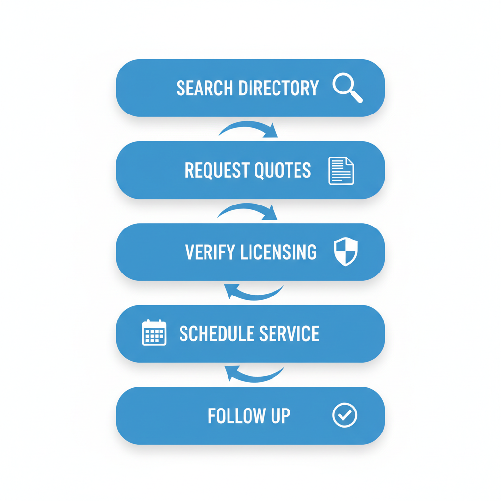 Vertical process flow diagram showing five steps to hire plumbers in Atlanta: search, request quotes, verify, schedule, and follow up.
