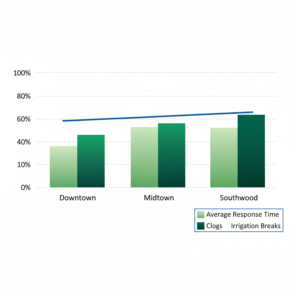 Horizontal bar chart comparing frequency of pipe bursts, clogs, and irrigation breaks in Tallahassee neighborhoods Downtown, Midtown, and Southwood, with average response time overlays