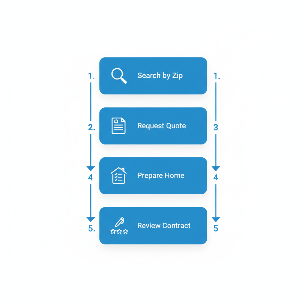 Vertical flowchart illustrating five steps to hire plumbers in Jacksonville: search, request quote, home preparation, contract review, and follow-up review.