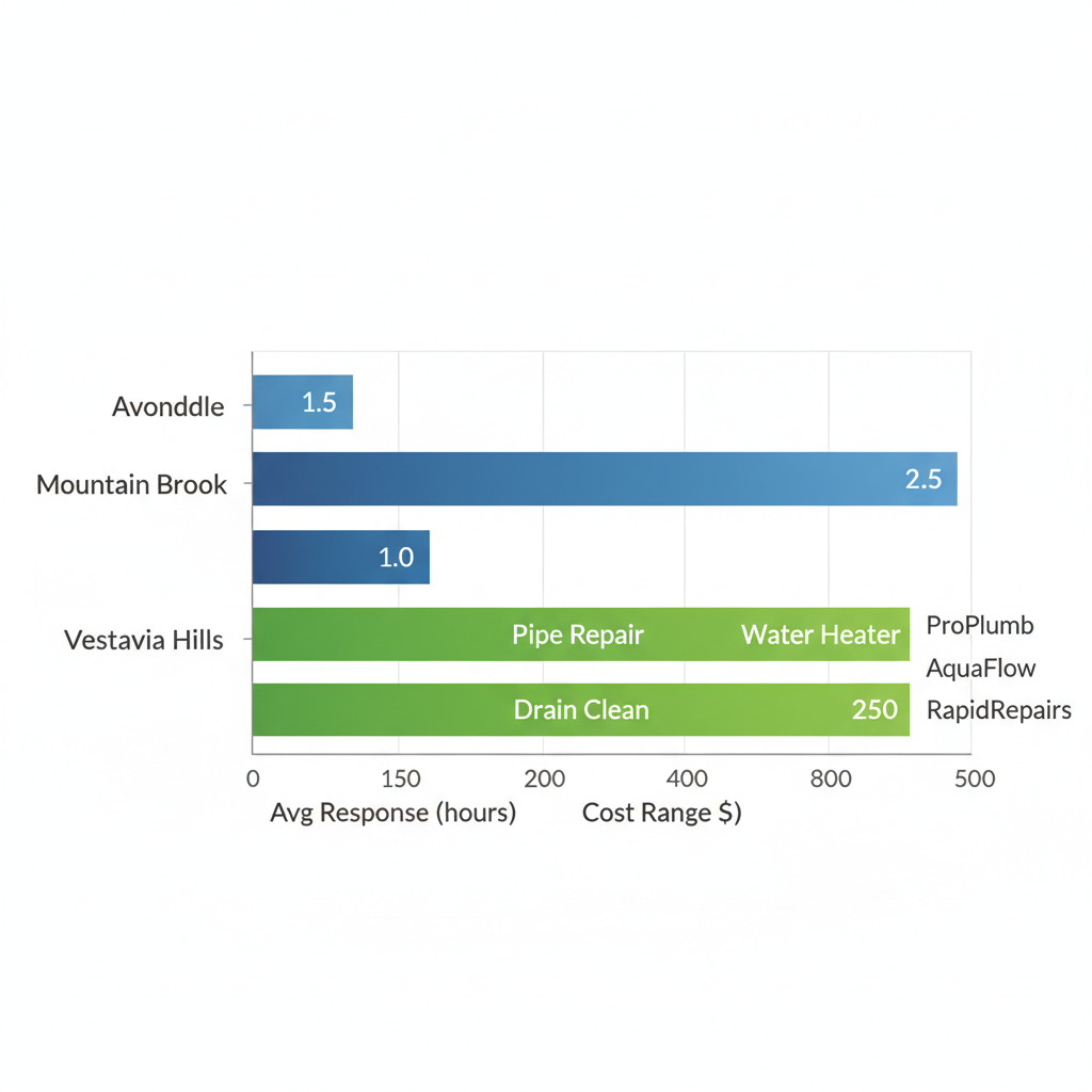 Horizontal bar chart comparing average response times and repair costs for plumbing services in Avondale, Mountain Brook, and Vestavia Hills neighborhoods of Birmingham.