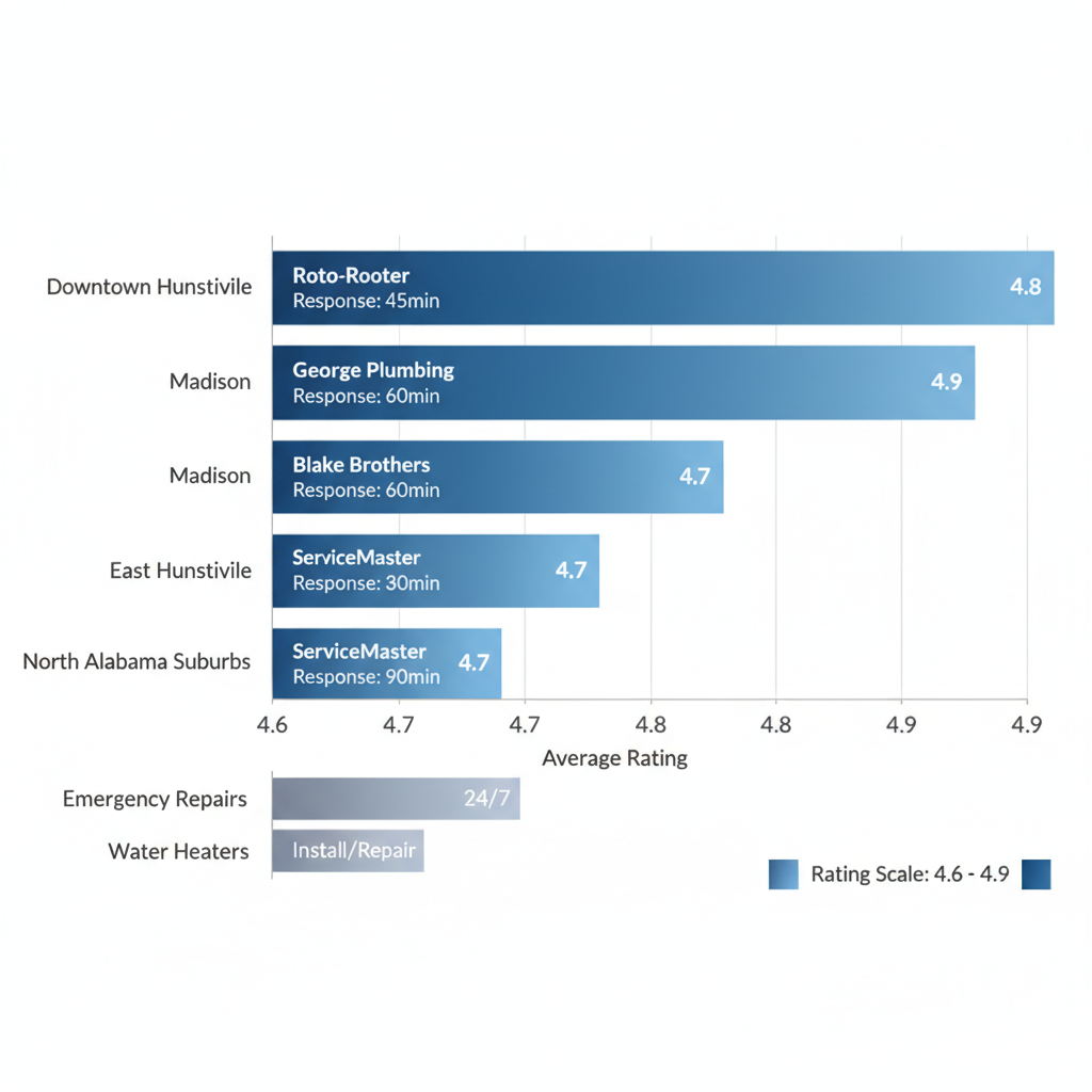 Horizontal bar chart comparing average ratings and services for plumbers in Huntsville neighborhoods including Downtown, Madison, East Huntsville, and North Alabama Suburbs.