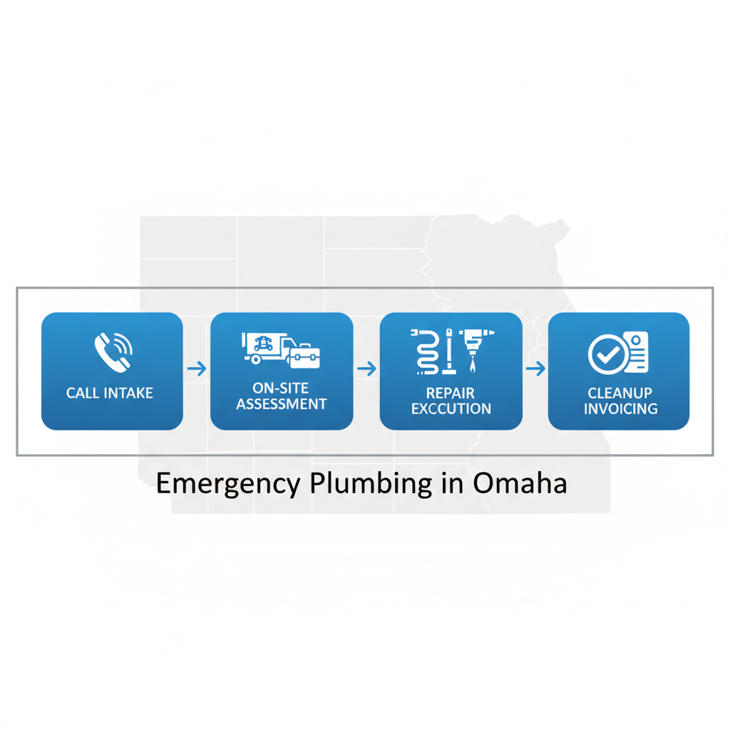 Horizontal process flow diagram illustrating four steps of plumbing services in Omaha with icons and arrows connecting blue rounded boxes.