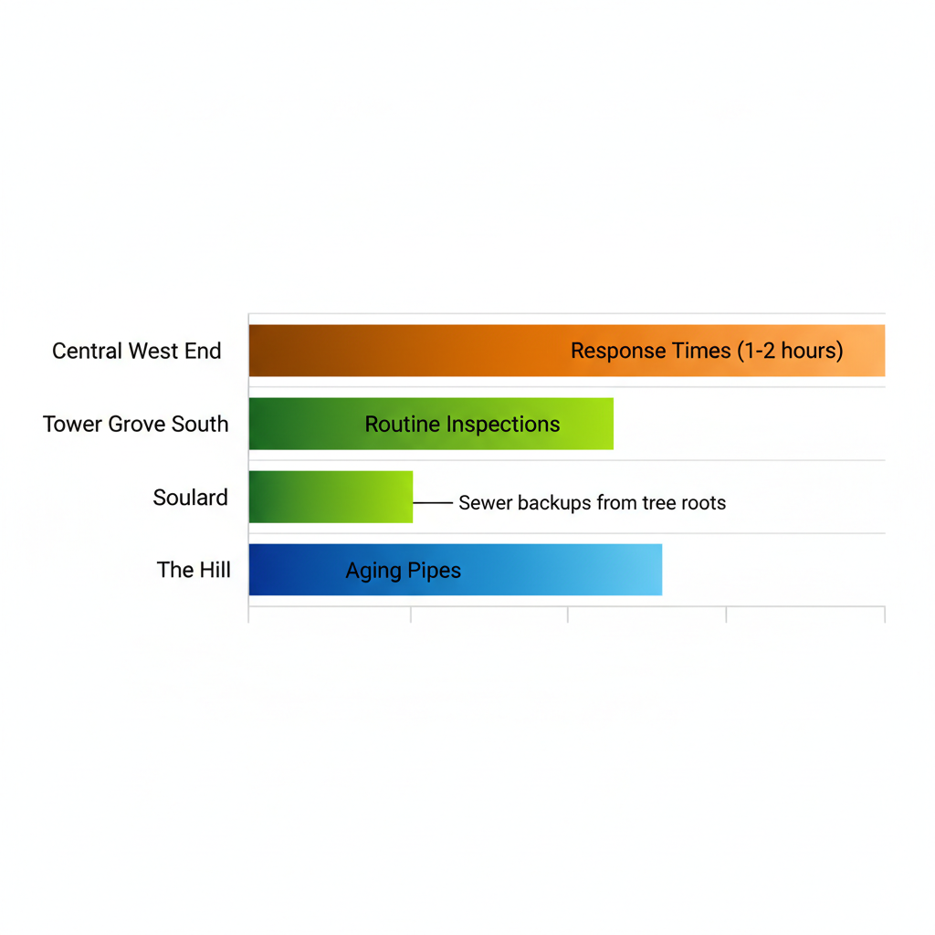 Horizontal bar chart comparing common plumbing issues, recommended services, and average response times in four St. Louis neighborhoods.