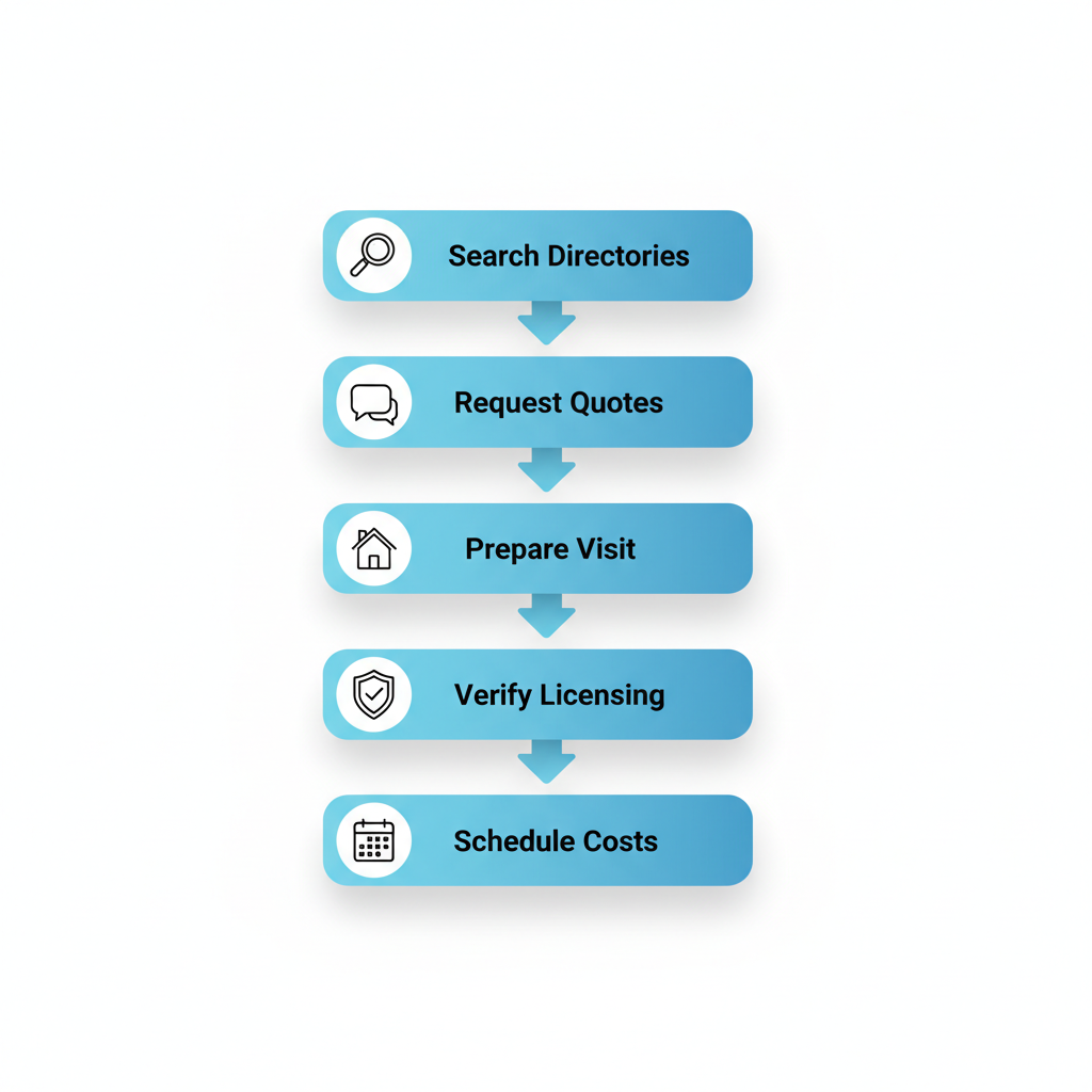 Vertical process flow diagram illustrating five steps to hire a plumber in St. Louis: search directories, request quotes, prepare for visit, verify licensing, and schedule.