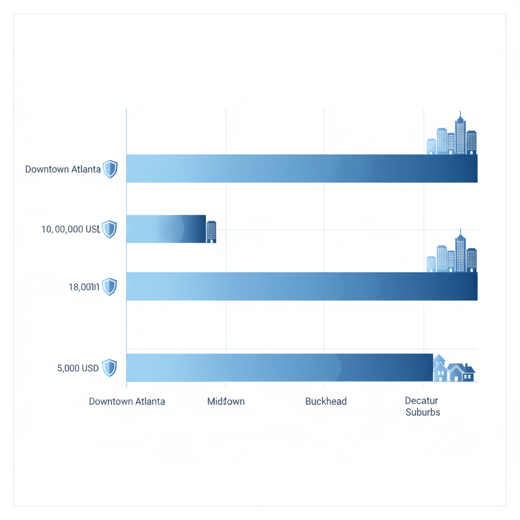 Horizontal bar chart comparing average 30-day inpatient rehab costs across Atlanta neighborhoods including Downtown, Midtown, Buckhead, and Decatur Suburbs with cost ranges and icons.