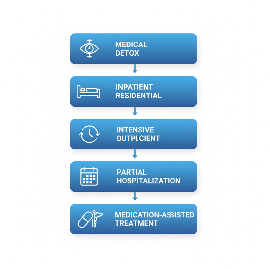 Vertical process flow diagram illustrating the five stages of drug rehab programs available in Atlanta