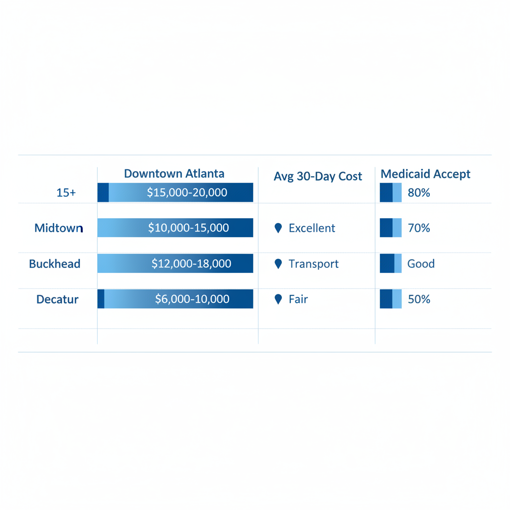 Horizontal bar chart comparing alcohol rehab neighborhoods in Atlanta by facility count, costs, transport, and Medicaid acceptance