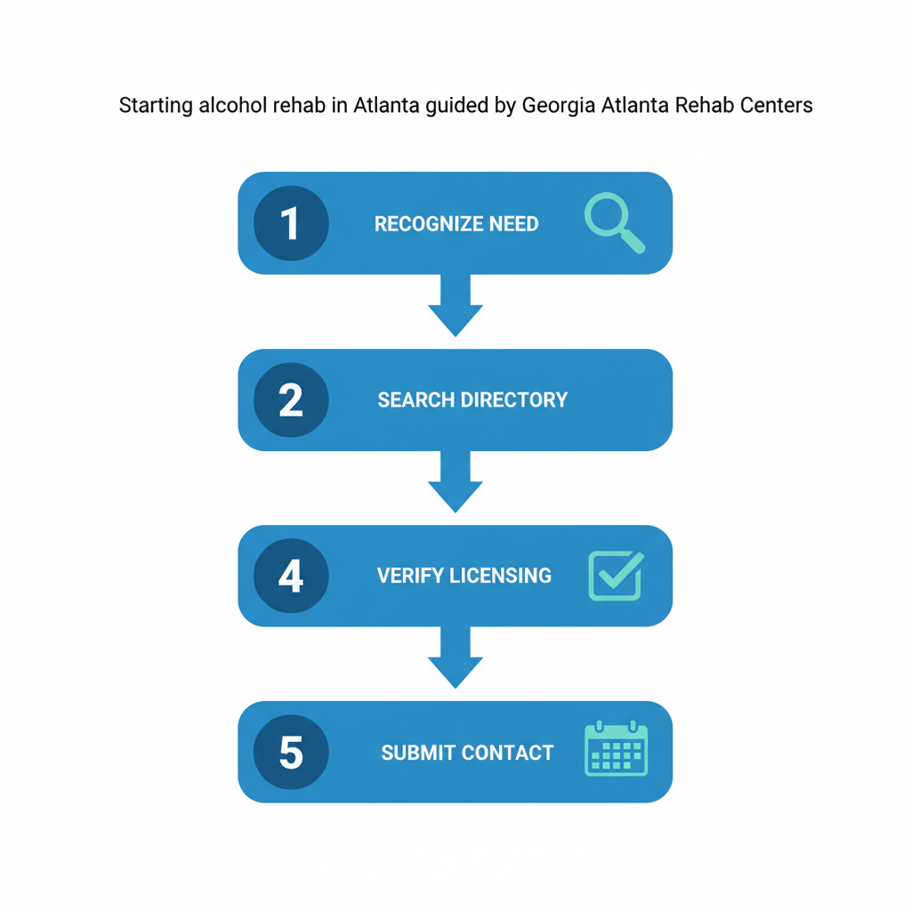 Vertical process flow diagram illustrating five steps to start alcohol rehab in Atlanta