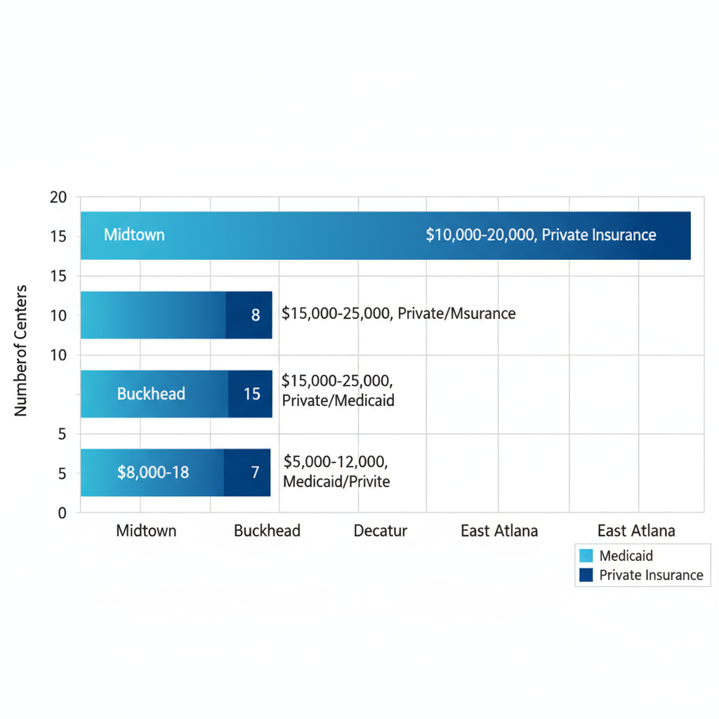 Horizontal bar chart comparing addiction treatment facility density, costs, and insurance in Atlanta neighborhoods: Midtown, Buckhead, Decatur, East Atlanta