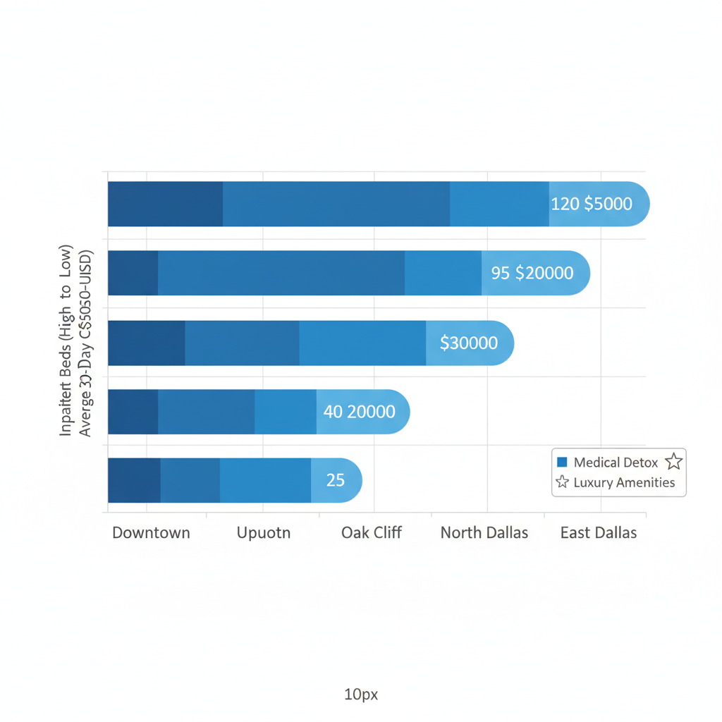 Horizontal bar chart comparing inpatient beds and 30-day rehab costs across five Dallas neighborhoods