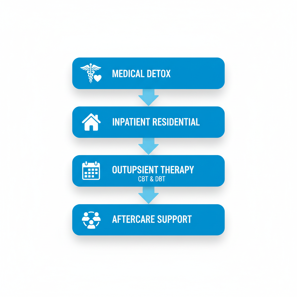 Vertical process flow diagram showing four stages of drug rehab programs in Dallas: detox, inpatient residential, outpatient therapy, and aftercare support with icons and brief labels.