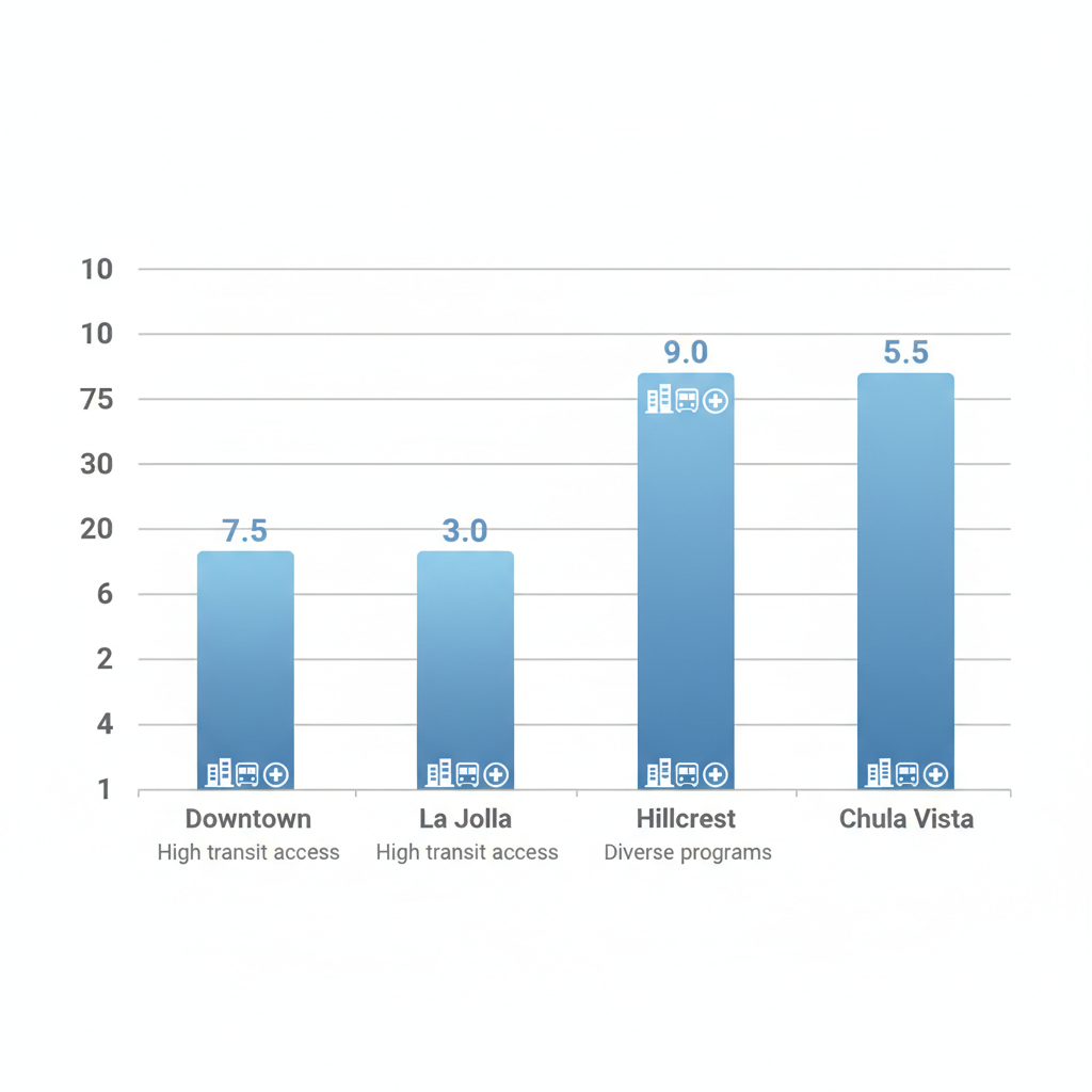Bar chart of accessibility scores for addiction treatment in San Diego neighborhoods including Downtown, La Jolla, Hillcrest, and Chula Vista with category icons.