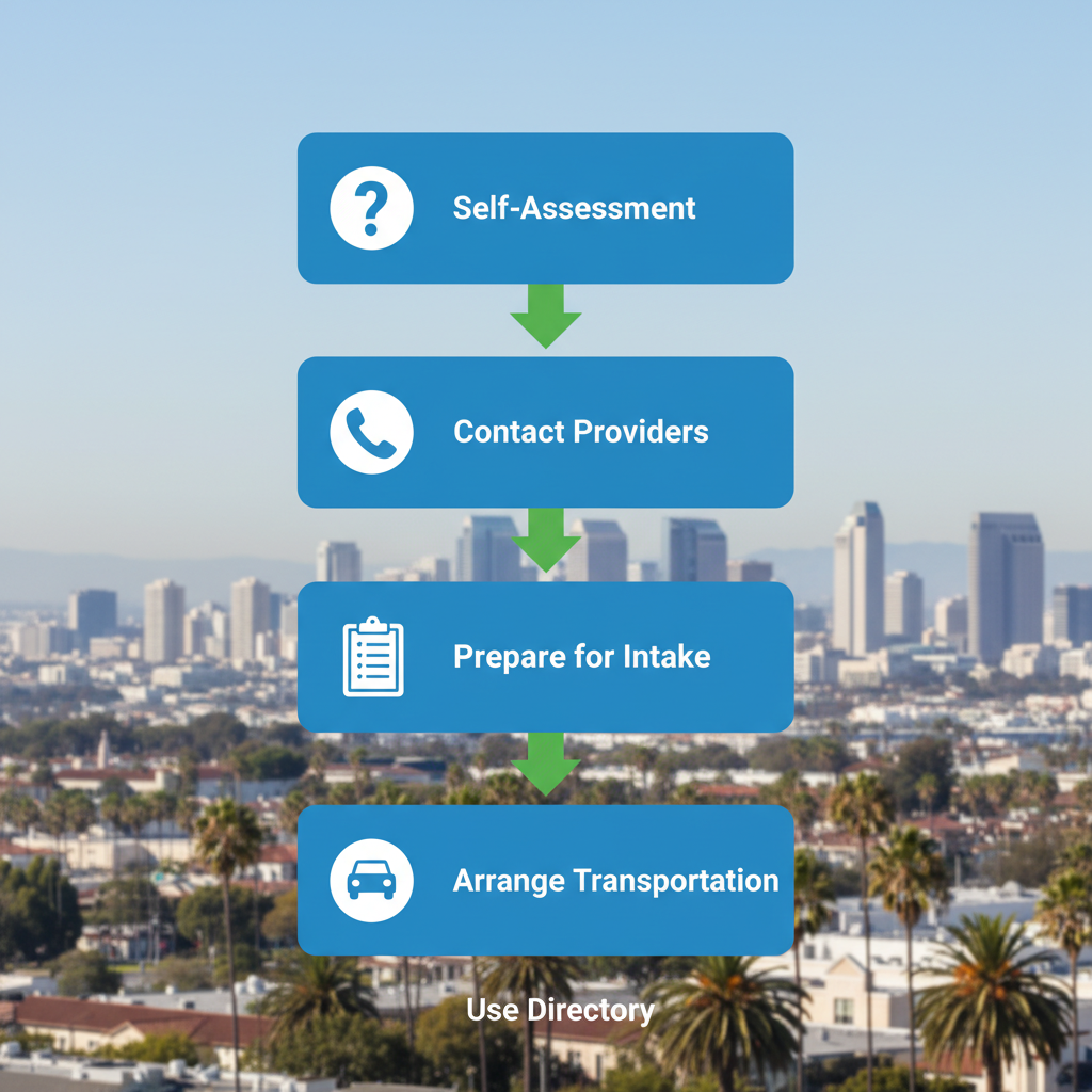Vertical process flow diagram illustrating five key steps to initiate recovery in San Diego with icons and brief labels