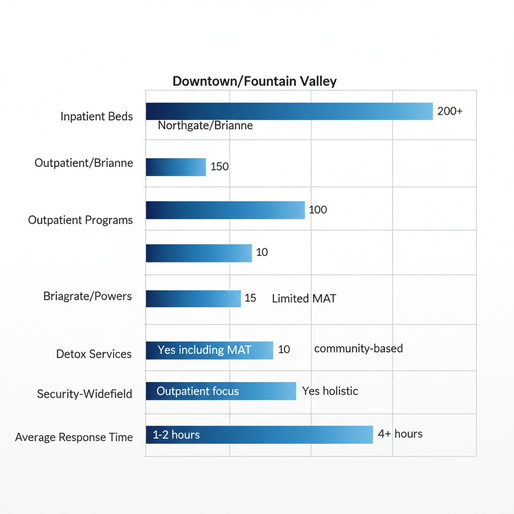 Horizontal bar chart comparing treatment availability for inpatient beds, outpatient programs, detox services, and response times across four Colorado Springs neighborhoods