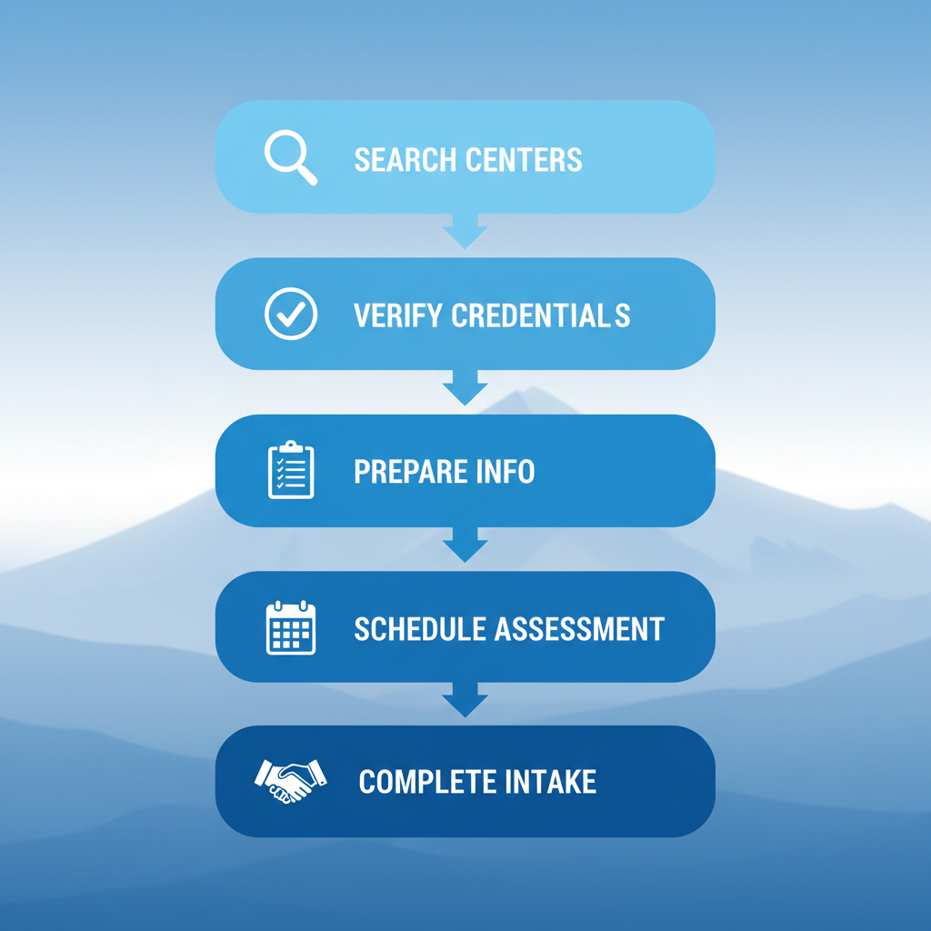 Vertical process flow diagram showing five sequential steps to begin addiction recovery in Colorado Springs with icons and minimal labels for accessibility.