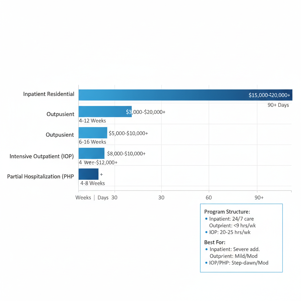 Horizontal bar chart illustrating durations and cost ranges for alcohol rehab programs in Colorado Springs