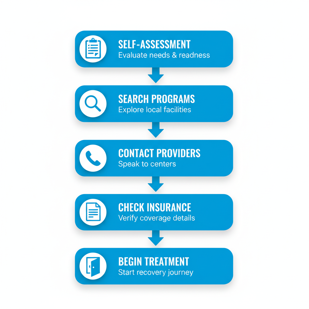 Vertical process flow diagram illustrating five steps to begin alcohol rehab in Colorado Springs with icons and brief descriptions