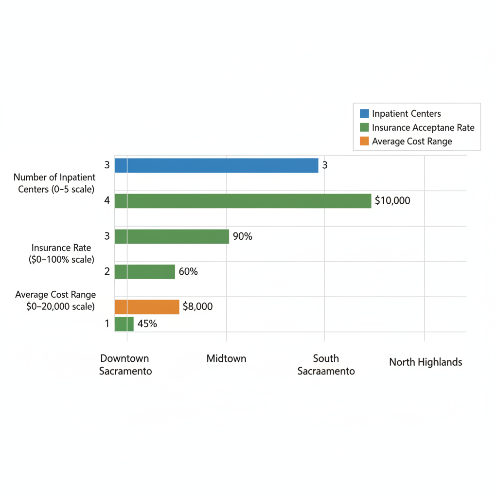 Horizontal bar chart comparing addiction treatment accessibility metrics across Sacramento neighborhoods including inpatient centers count, insurance acceptance rates, and average costs