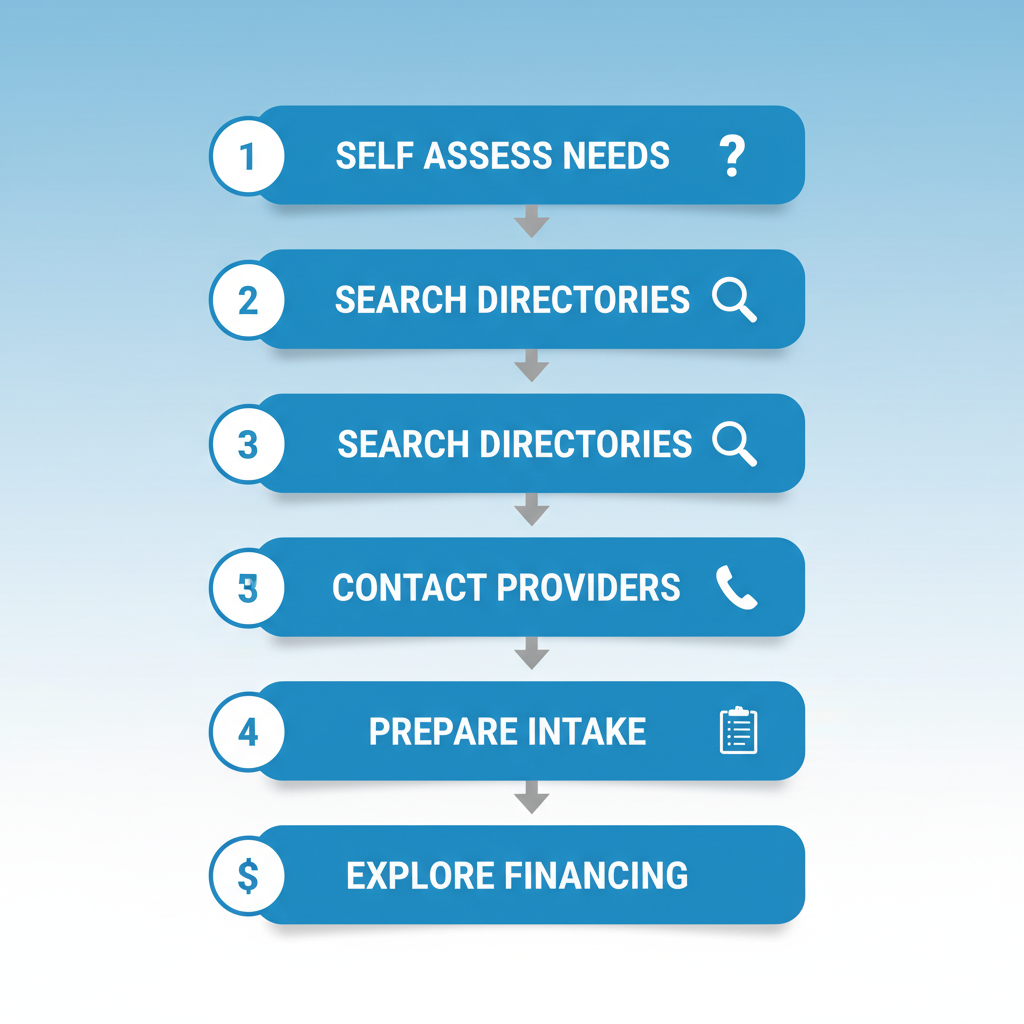 Vertical process flow diagram of five key steps to start addiction treatment in Sacramento, including self-assessment, directory search, provider contact, intake preparation, and financing exploration.