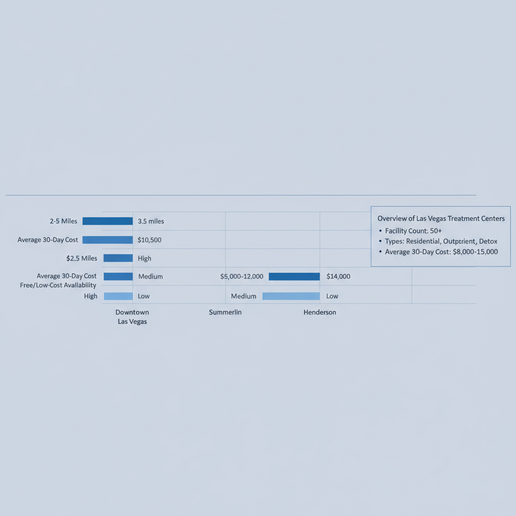 Horizontal bar chart comparing alcohol rehab neighborhoods in Las Vegas by distance from Strip, costs, and availability
