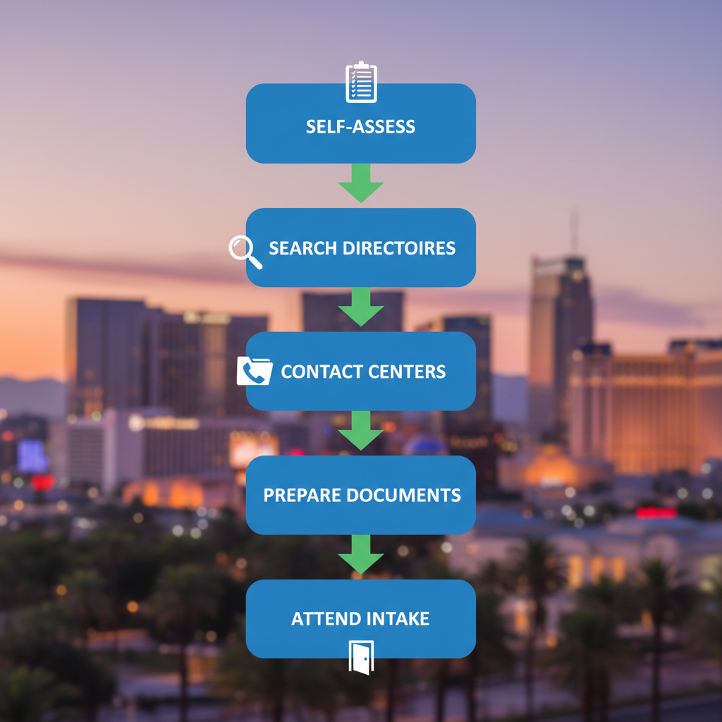 Vertical process flow diagram illustrating five steps to begin alcohol rehab in Las Vegas