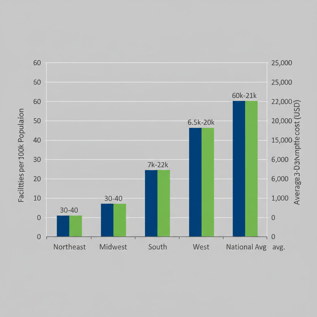 Bar chart comparing U.S. regional rehab facility densities per 100k population and average 30-day inpatient costs in blue and green bars.