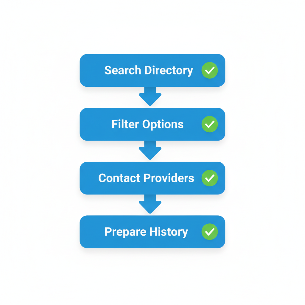 Vertical process flow diagram illustrating four steps to start local rehab journey: search, filter, contact, and prepare.