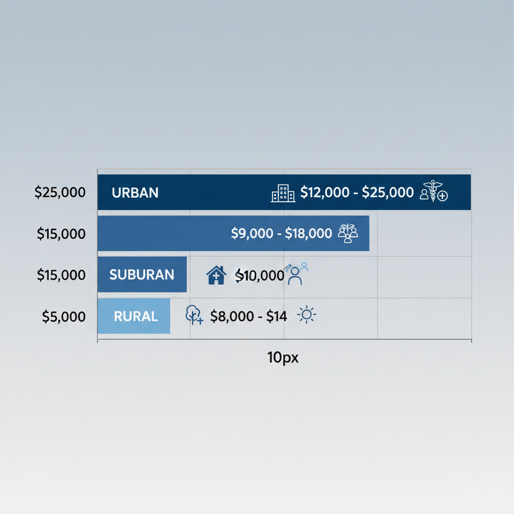 Horizontal bar chart comparing average alcohol rehab costs in urban, suburban, and rural areas with cost ranges and program icons
