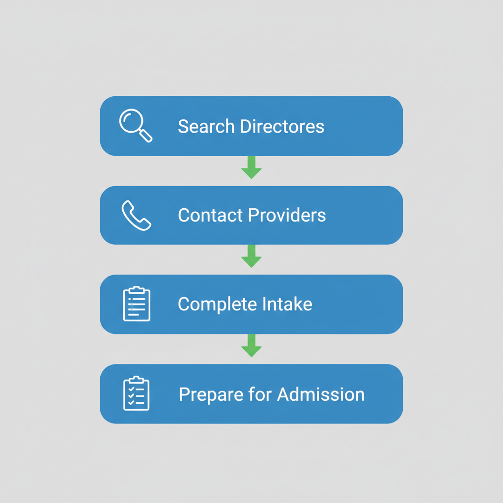 Vertical process flow diagram illustrating four key steps to start local alcohol rehab with icons