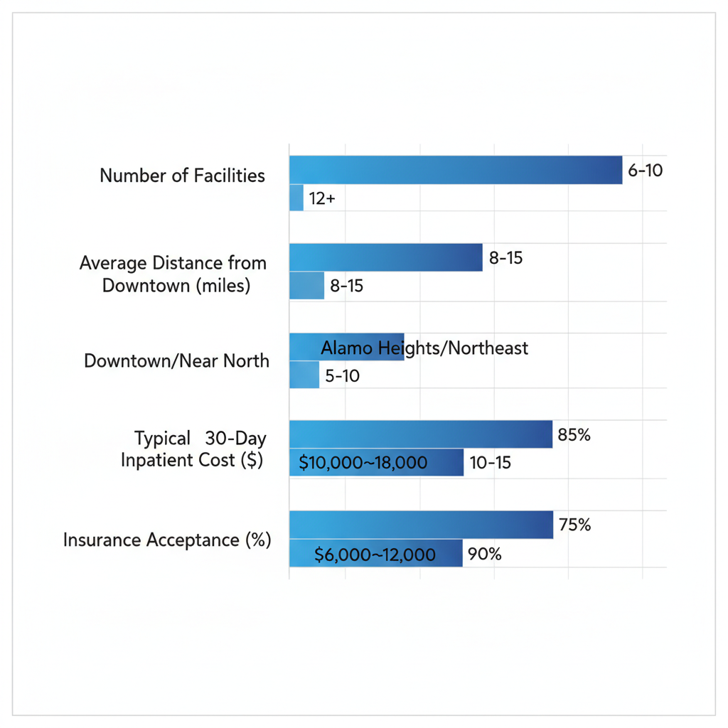 Horizontal bar chart comparing key alcohol rehab neighborhoods in San Antonio by facilities, distance, costs, and insurance acceptance