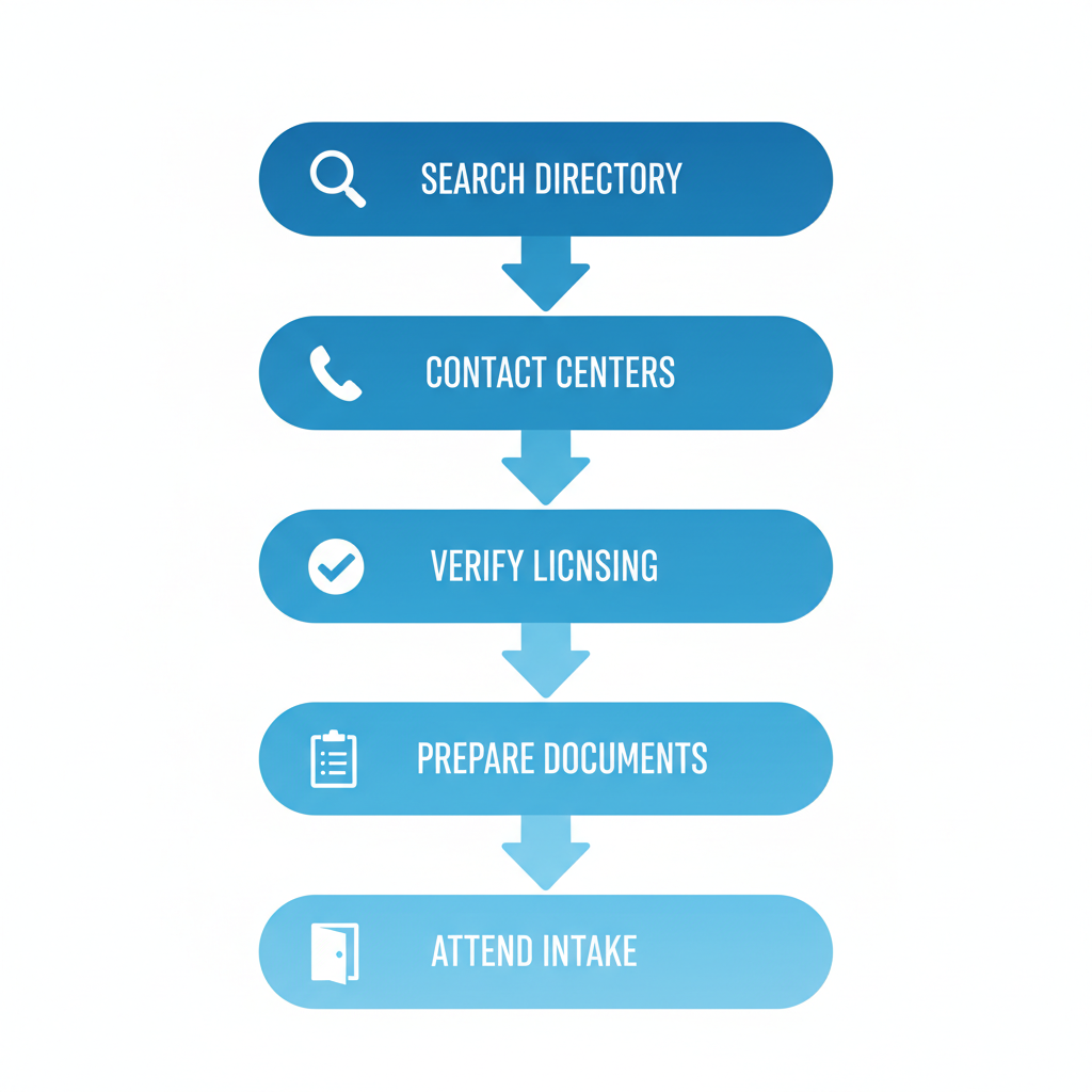 Vertical process flow diagram illustrating five steps to start alcohol rehab in San Antonio with icons