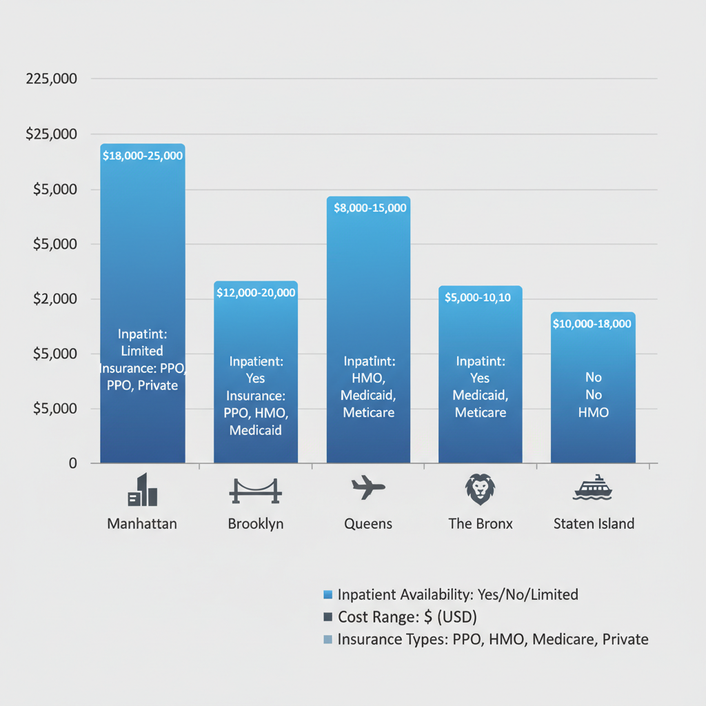 Horizontal bar chart comparing drug rehab costs and inpatient availability across New York City neighborhoods