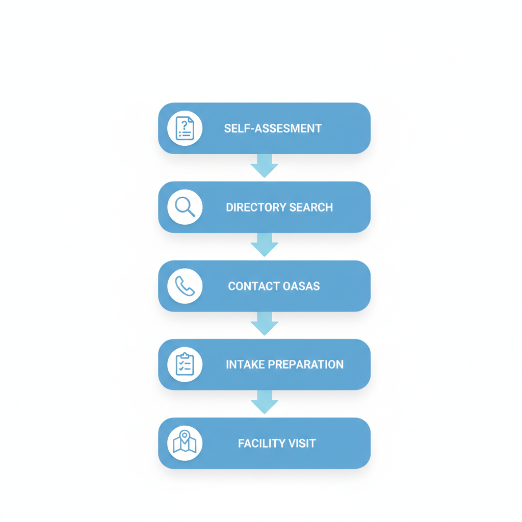 Vertical process flow diagram illustrating five key steps to begin drug rehab in New York City, featuring icons for self-assessment, directory search, contacting OASAS, intake preparation, and facility visit.