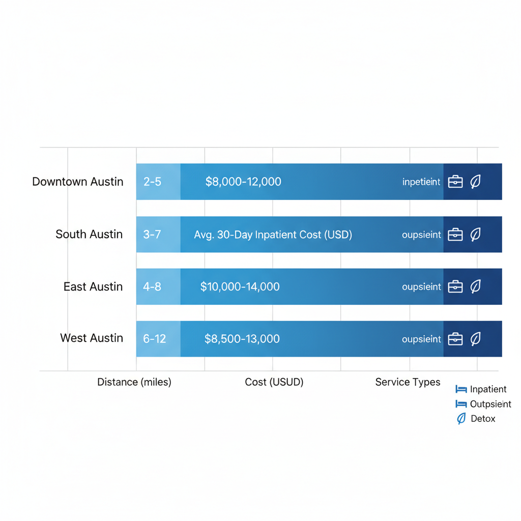 Horizontal bar chart comparing rehab access, distances, costs, and services in Austin neighborhoods