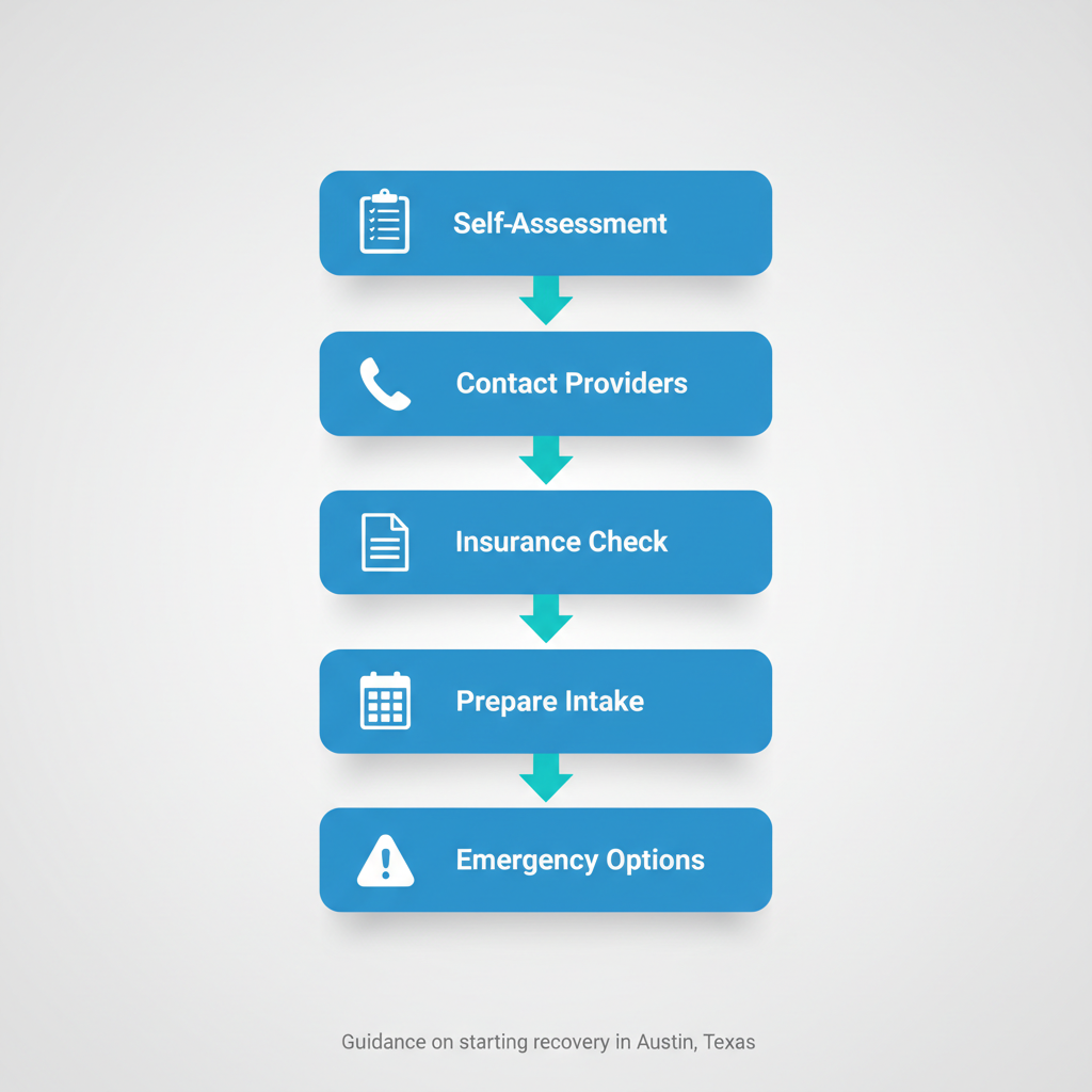 Vertical process flow diagram illustrating five steps to begin recovery in Austin: self-assessment with clipboard, contacting providers with phone, insurance check with document, preparing for intake with calendar, and emergency options with alert icon.